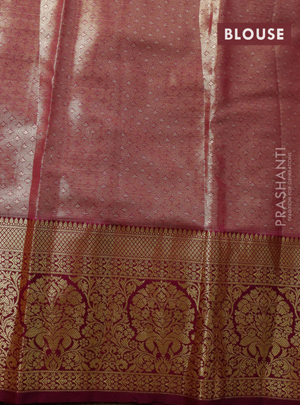 Tissue semi kanjivaram saree beige green and purple with allover floral brocade weaves and long zari woven border