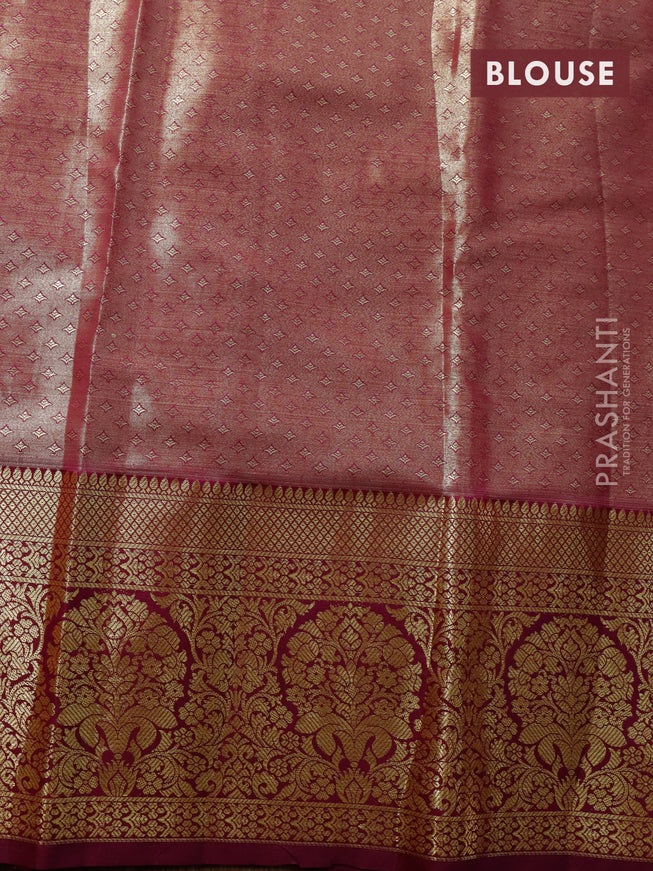 Tissue semi kanjivaram saree beige green and purple with allover floral brocade weaves and long zari woven border