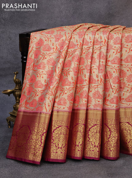 Tissue semi kanjivaram saree cream red and purple with allover floral brocade weaves and long zari woven border