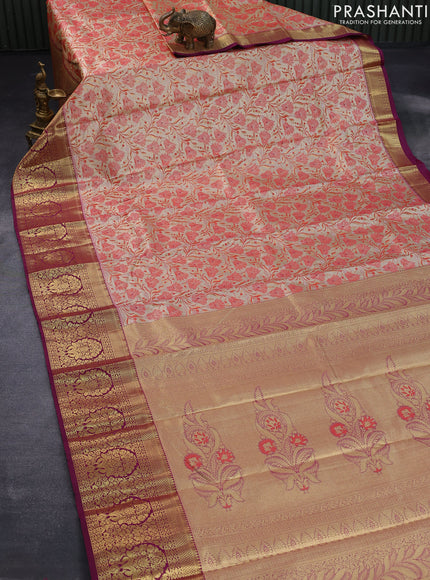 Tissue semi kanjivaram saree cream red and purple with allover floral brocade weaves and long zari woven border