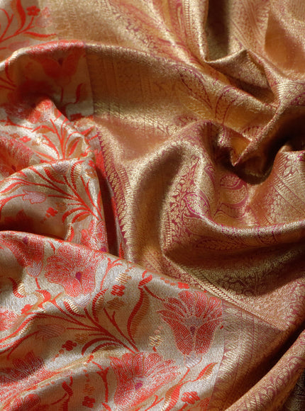 Tissue semi kanjivaram saree cream red and purple with allover floral brocade weaves and long zari woven border