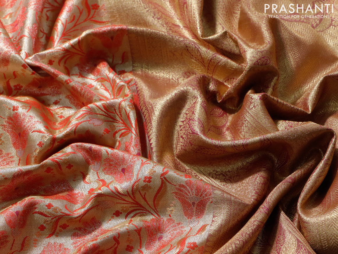 Tissue semi kanjivaram saree cream red and purple with allover floral brocade weaves and long zari woven border