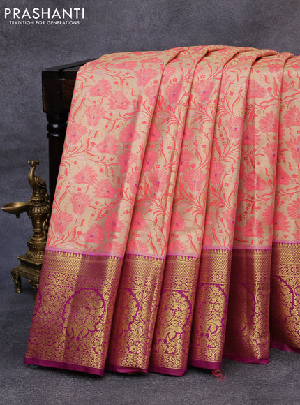 Tissue semi kanjivaram saree cream pink and purple with allover floral brocade weaves and long zari woven border