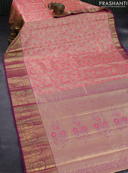 Tissue semi kanjivaram saree cream pink and purple with allover floral brocade weaves and long zari woven border