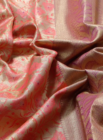 Tissue semi kanjivaram saree cream pink and purple with allover floral brocade weaves and long zari woven border