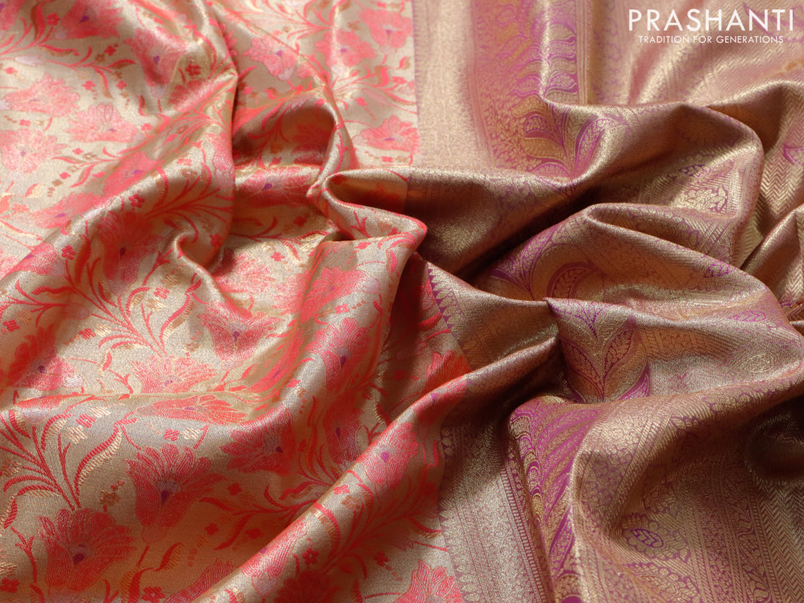 Tissue semi kanjivaram saree cream pink and purple with allover floral brocade weaves and long zari woven border