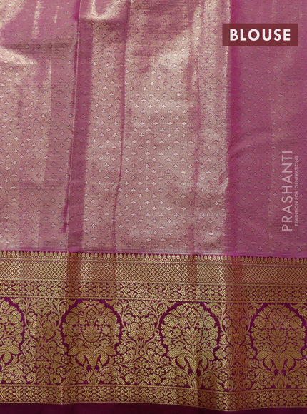 Tissue semi kanjivaram saree cream pink and purple with allover floral brocade weaves and long zari woven border