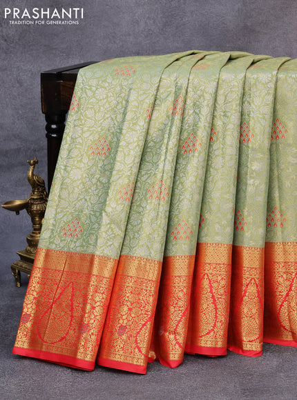 Tissue semi kanjivaram saree light green and red with allover silver zari woven brocade weaves and zari woven border