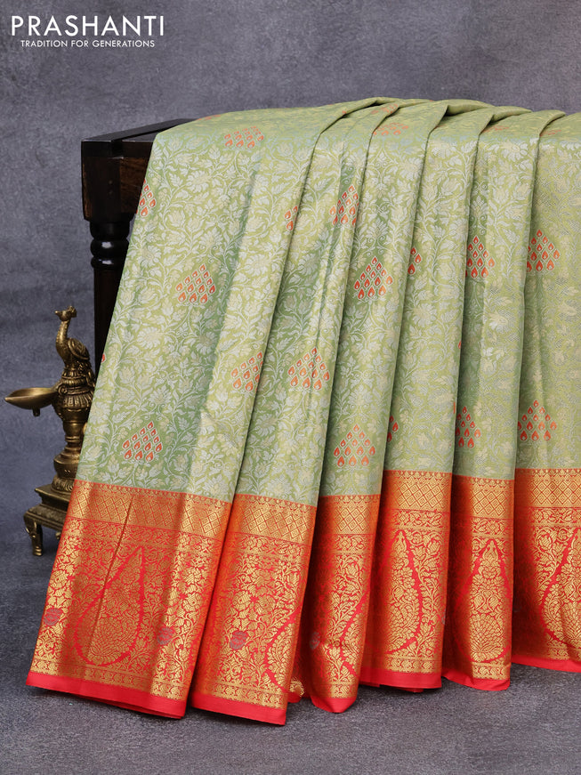 Tissue semi kanjivaram saree light green and red with allover silver zari woven brocade weaves and zari woven border