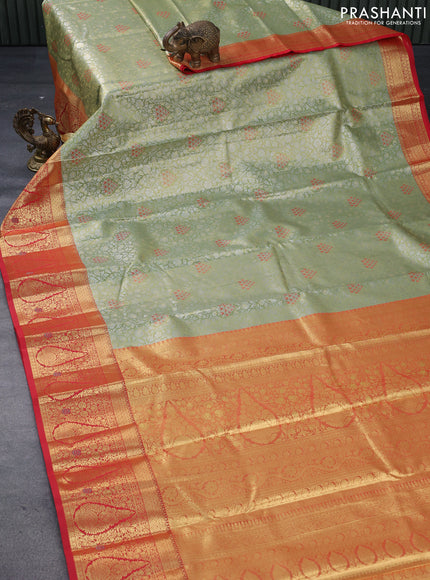 Tissue semi kanjivaram saree light green and red with allover silver zari woven brocade weaves and zari woven border