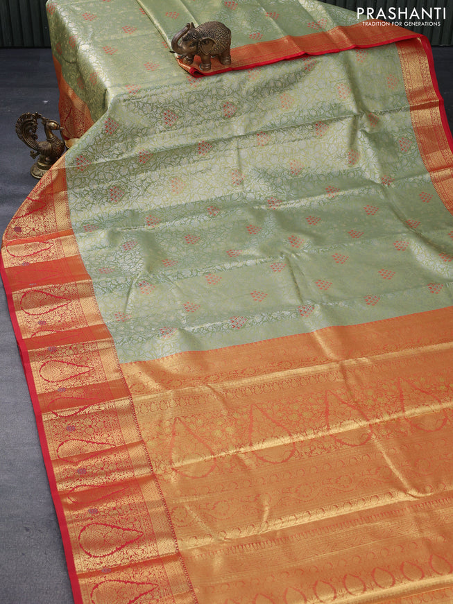 Tissue semi kanjivaram saree light green and red with allover silver zari woven brocade weaves and zari woven border