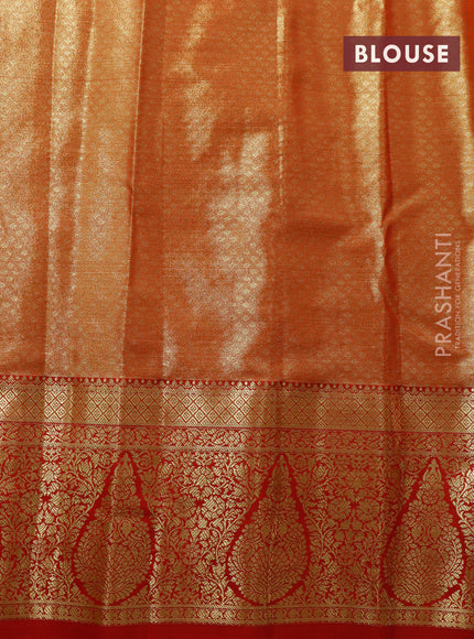 Tissue semi kanjivaram saree light green and red with allover silver zari woven brocade weaves and zari woven border