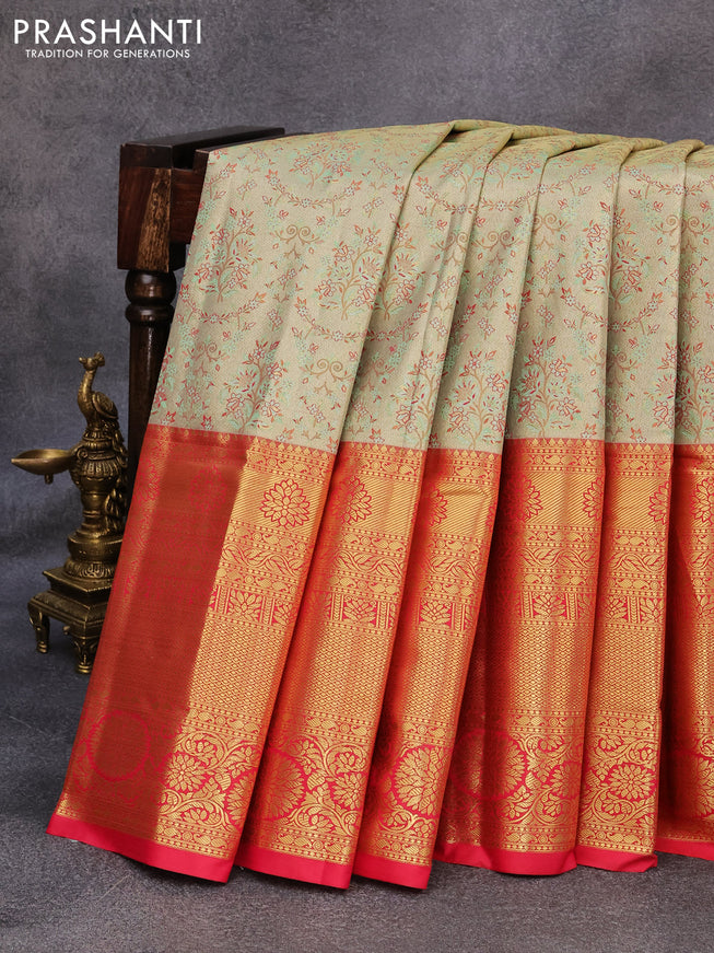 Tissue semi kanjivaram saree pista green shade and red with allover brocade weaves and long zari woven border