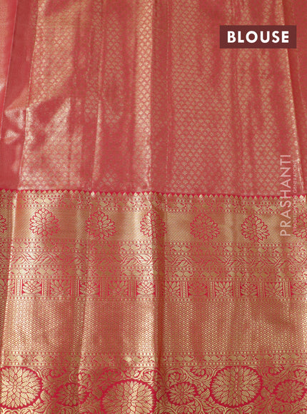 Tissue semi kanjivaram saree pista green shade and red with allover brocade weaves and long zari woven border