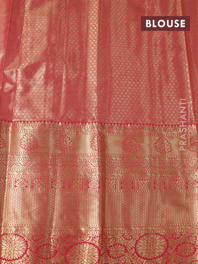 Tissue semi kanjivaram saree pista green shade and red with allover brocade weaves and long zari woven border