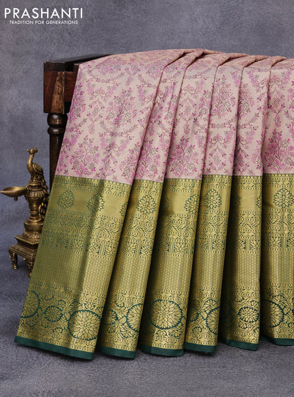 Tissue semi kanjivaram saree beige and dark green with allover brocade weaves and long zari woven border