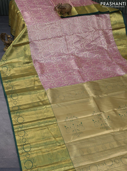 Tissue semi kanjivaram saree beige and dark green with allover brocade weaves and long zari woven border