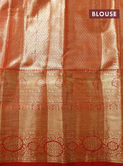 Tissue semi kanjivaram saree cream and red with allover brocade weaves and long zari woven border