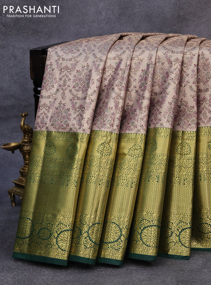 Tissue semi kanjivaram saree beige and dark green with allover brocade weaves and long zari woven border