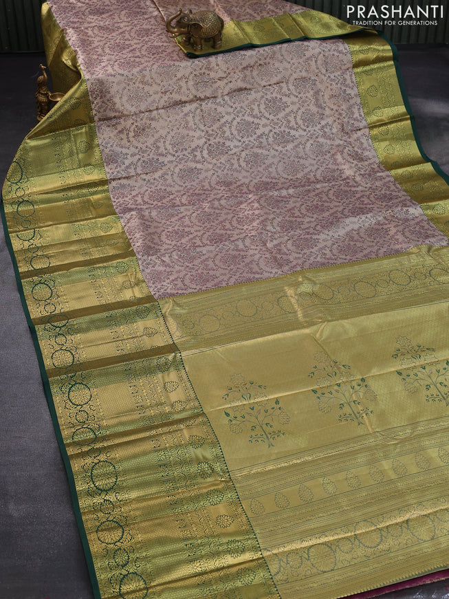 Tissue semi kanjivaram saree beige and dark green with allover brocade weaves and long zari woven border