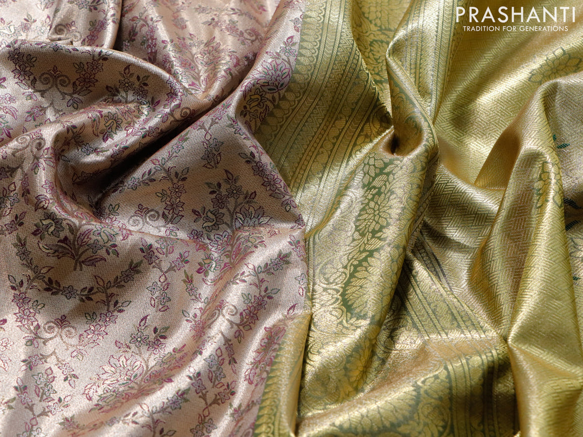 Tissue semi kanjivaram saree beige and dark green with allover brocade weaves and long zari woven border