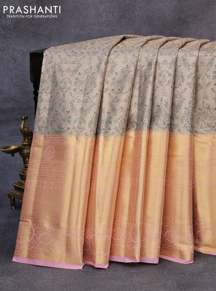 Tissue semi kanjivaram saree beige and baby pink with allover brocade weaves and long zari woven border