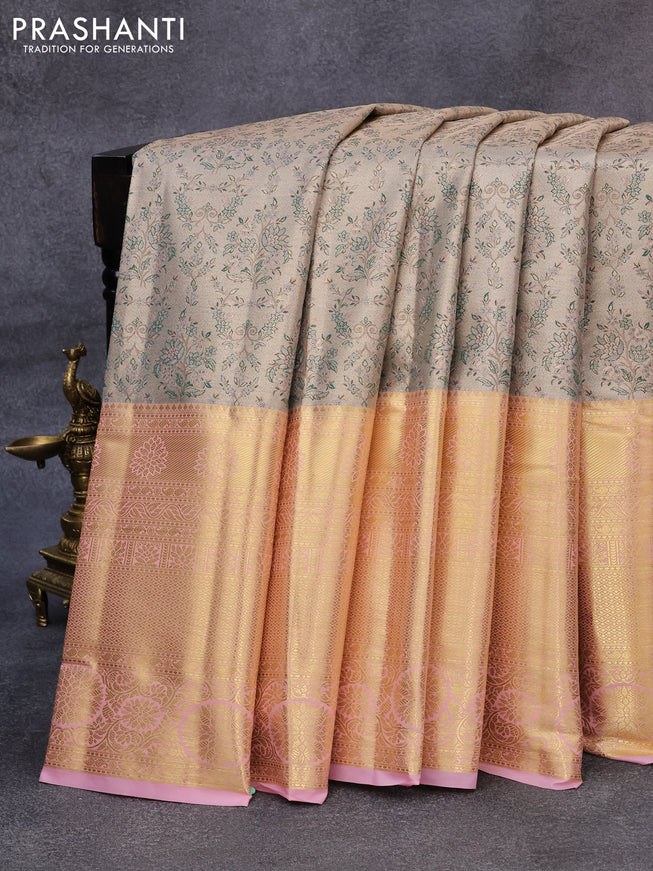 Tissue semi kanjivaram saree beige and baby pink with allover brocade weaves and long zari woven border