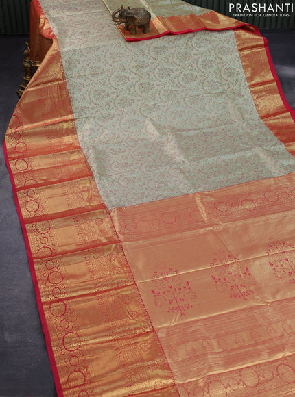 Tissue semi kanjivaram saree cream pastel green and red with allover brocade weaves and long zari woven border