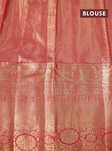 Tissue semi kanjivaram saree cream pastel green and red with allover brocade weaves and long zari woven border