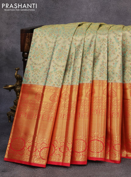 Tissue semi kanjivaram saree beige teal green and red with allover brocade weaves and long zari woven border