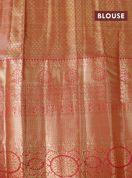 Tissue semi kanjivaram saree beige teal green and red with allover brocade weaves and long zari woven border