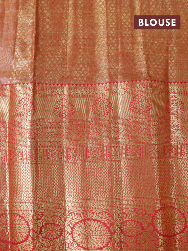 Tissue semi kanjivaram saree beige teal green and red with allover brocade weaves and long zari woven border