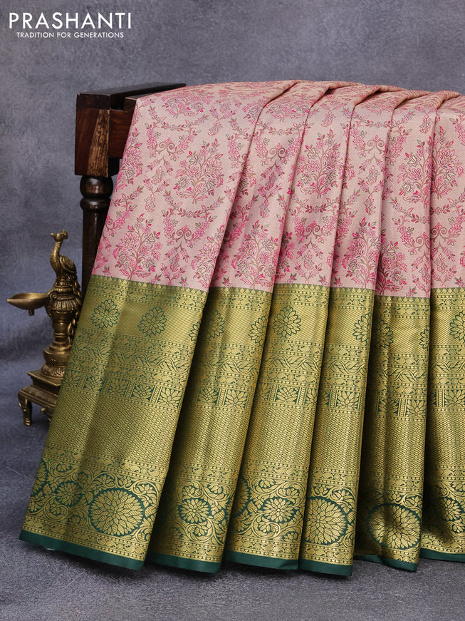 Tissue semi kanjivaram saree beige magenta pink and dark green with allover brocade weaves and long zari woven border