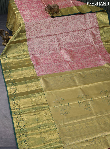 Tissue semi kanjivaram saree beige magenta pink and dark green with allover brocade weaves and long zari woven border