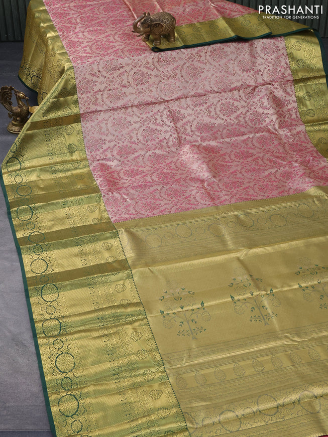 Tissue semi kanjivaram saree beige magenta pink and dark green with allover brocade weaves and long zari woven border