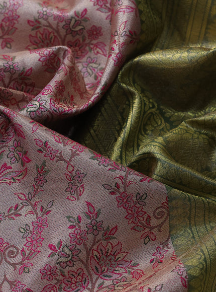 Tissue semi kanjivaram saree beige magenta pink and dark green with allover brocade weaves and long zari woven border