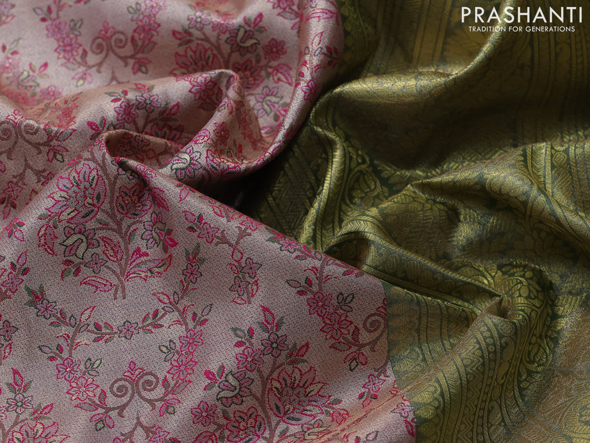 Tissue semi kanjivaram saree beige magenta pink and dark green with allover brocade weaves and long zari woven border