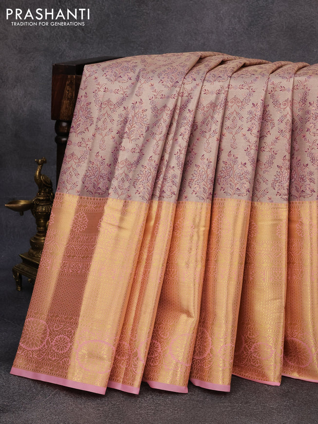 Tissue semi kanjivaram saree beige purple and baby pink with allover brocade weaves and long zari woven border