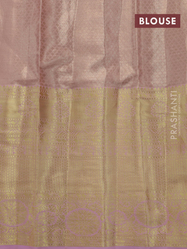 Tissue semi kanjivaram saree beige green and baby pink with allover brocade weaves and long zari woven border