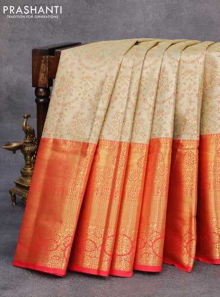 Tissue semi kanjivaram saree beige green and red with allover brocade weaves and long zari woven border