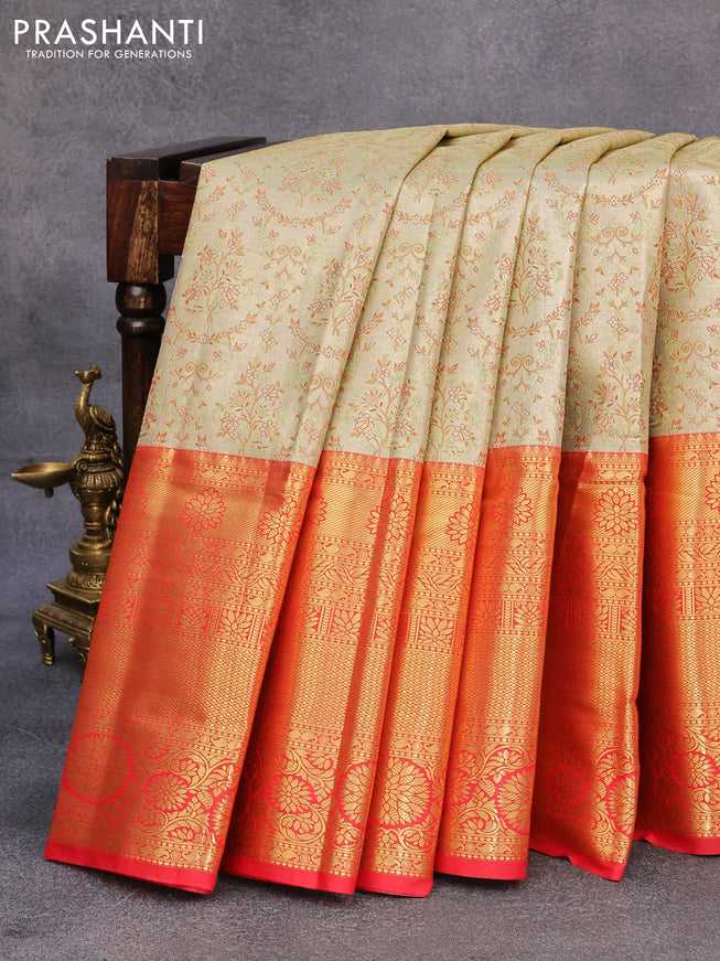 Tissue semi kanjivaram saree beige green and red with allover brocade weaves and long zari woven border