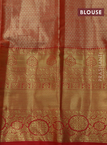 Tissue semi kanjivaram saree beige green and red with allover brocade weaves and long zari woven border