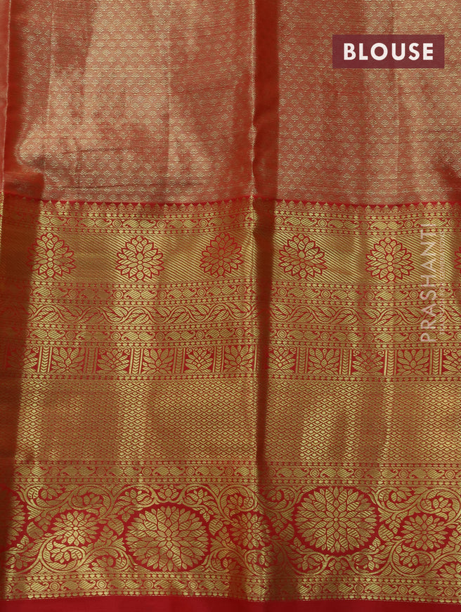 Tissue semi kanjivaram saree beige green and red with allover brocade weaves and long zari woven border