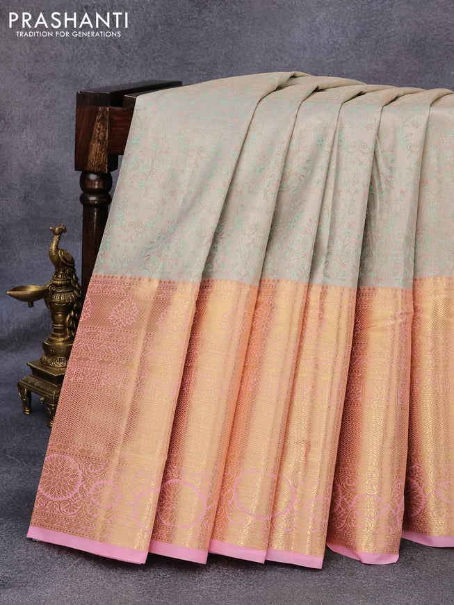 Tissue semi kanjivaram saree beige green and baby pink with allover brocade weaves and long zari woven border
