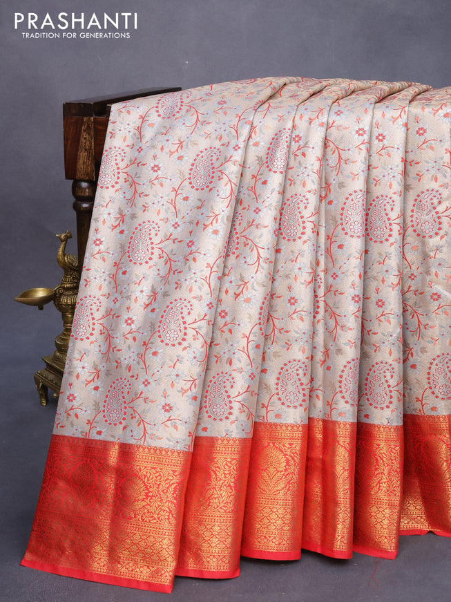 Tissue semi kanjivaram saree beige grey and red with allover paisley brocade weaves and floral zari woven border