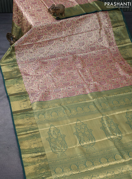 Tissue semi kanjivaram saree cream red and dark green with allover paisley brocade weaves and floral zari woven border