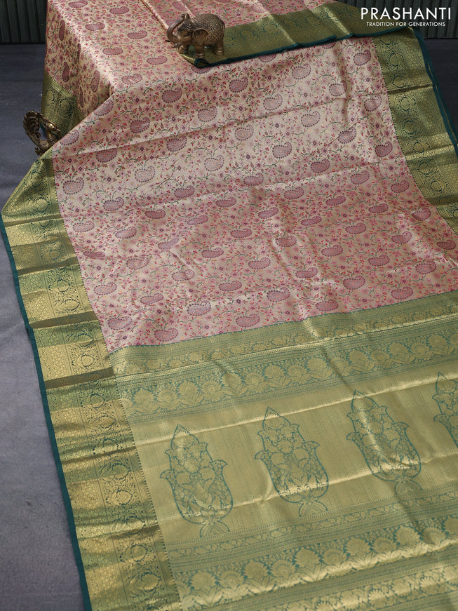 Tissue semi kanjivaram saree cream red and dark green with allover paisley brocade weaves and floral zari woven border