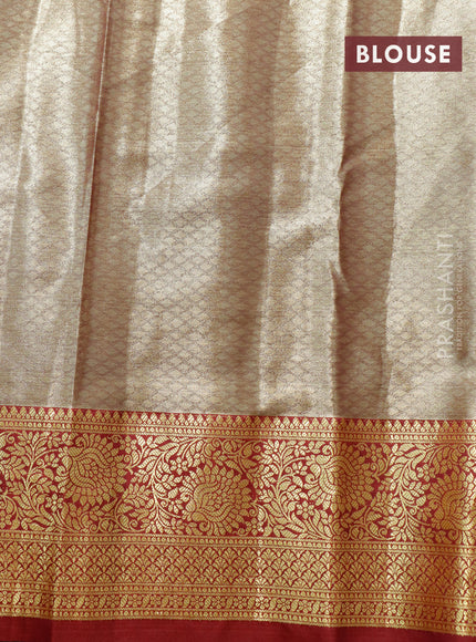 Tissue semi kanjivaram saree beige teal green and maroon with allover brocade weaves and floral zari woven border