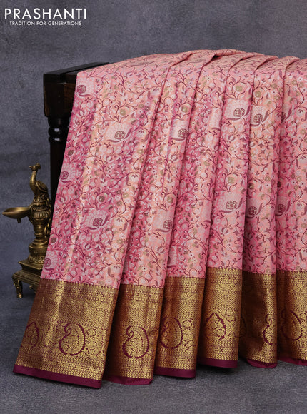 Tissue semi kanjivaram saree light pink and purple with allover brocade weaves and zari woven border