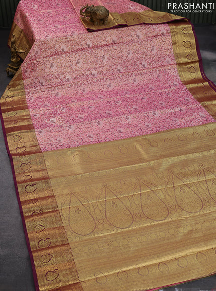 Tissue semi kanjivaram saree light pink and purple with allover brocade weaves and zari woven border